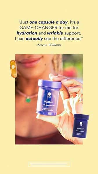A vertical ad creative for a skin supplement featuring a direct quote testimonial from a high-profile figure, focusing on hydration and anti-aging benefits.
